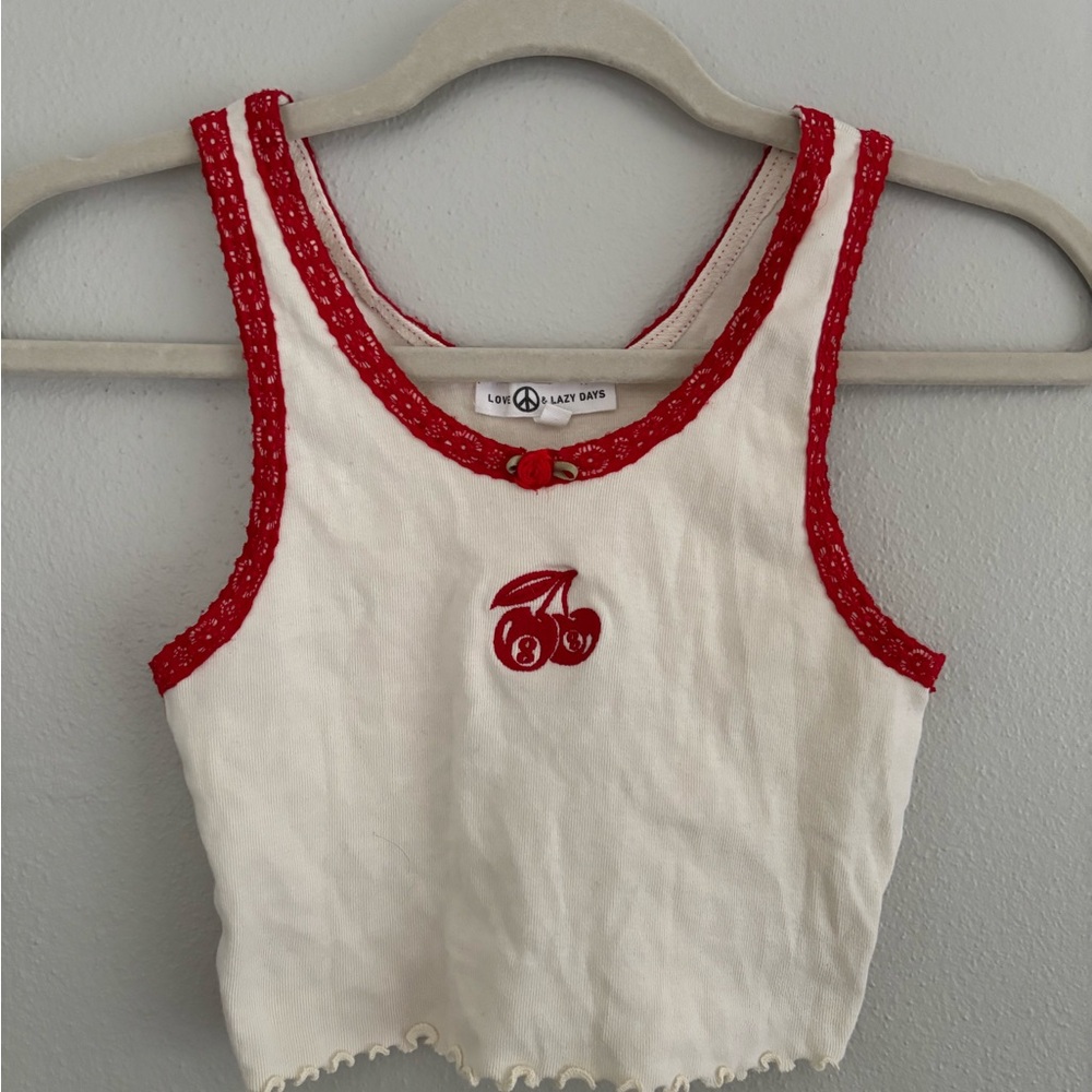 Cherry Delight Embroidered Tank Top - Red & White